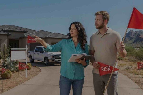 A couple with surrounded by red flags on a Scottsdale home for sale they are considering buying.